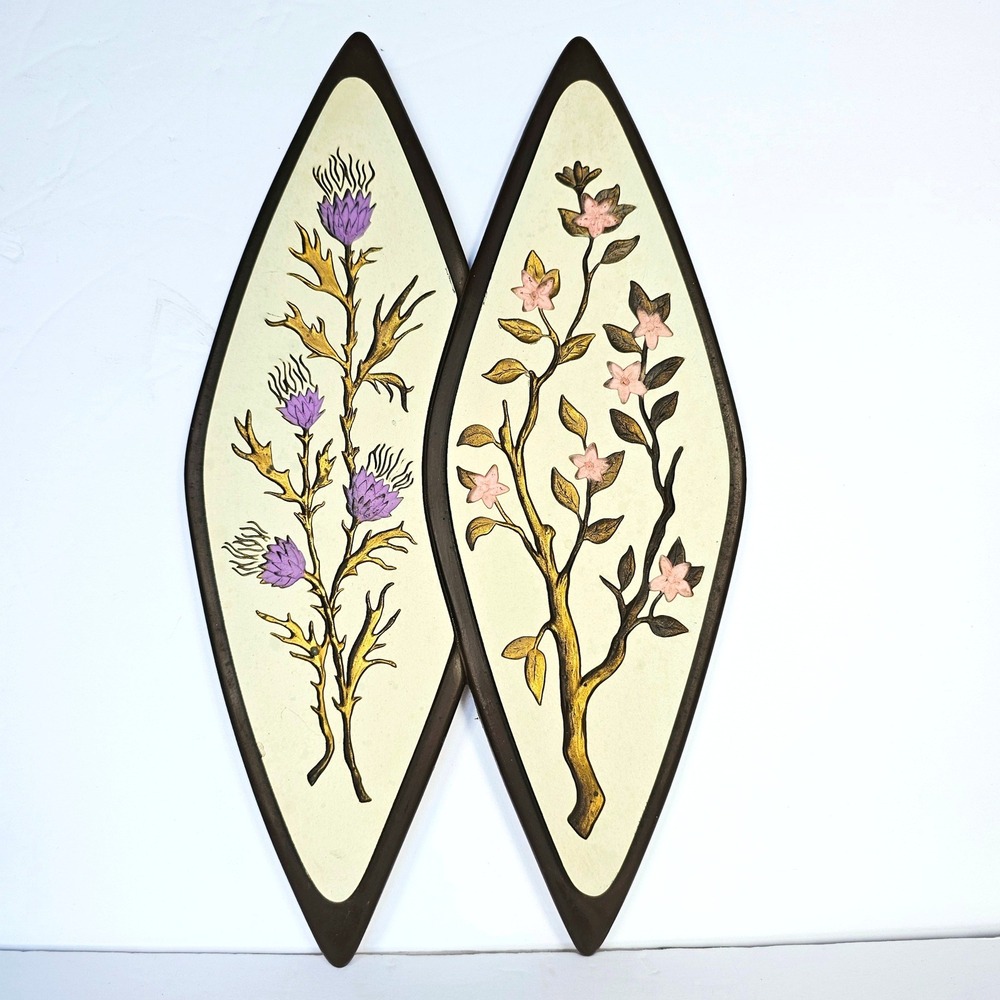 1962 Richter Floral Wall Plaques Mid Century Modern Thistle Blossom Decor Retro